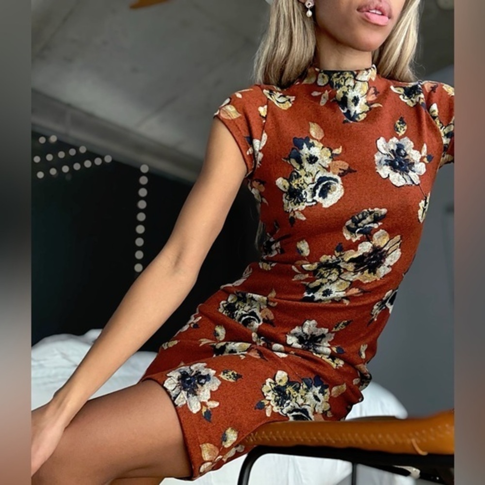 Iris Floral Mock Neck Bodycon Dress